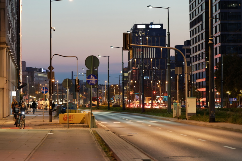20 - Urban scene that depicts Prosta Street in Warsaw, Poland, during twilight